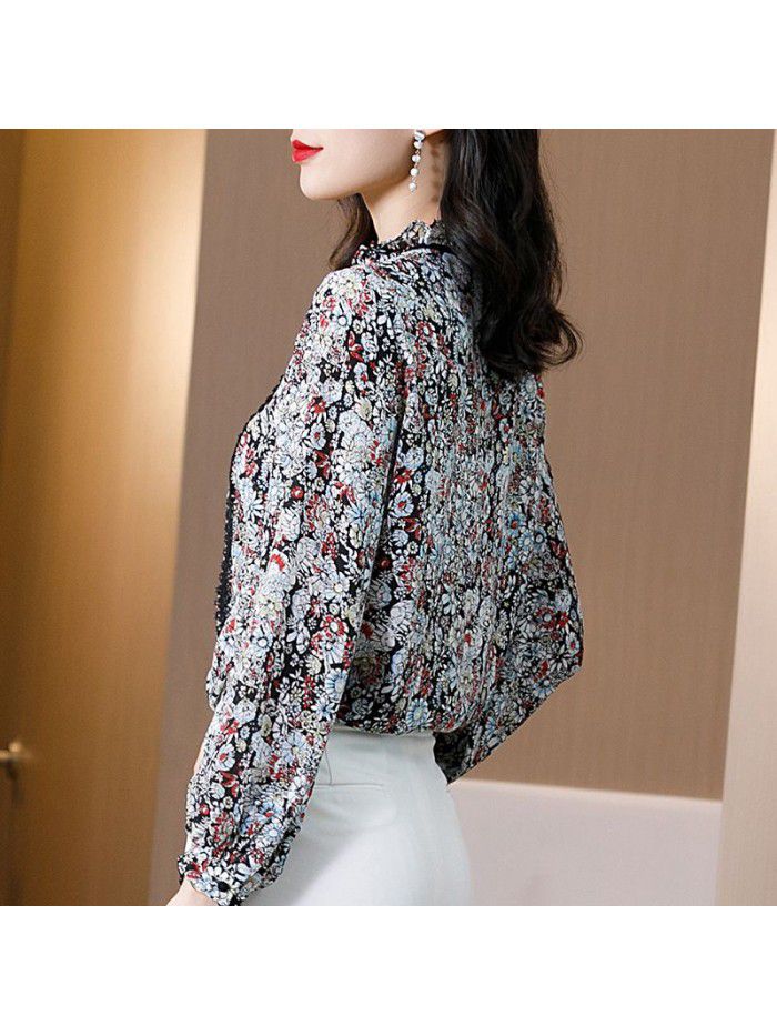 Printed silk shirt women's  spring and winter New Style Lace French retro broken flower wide pine mulberry silk top 