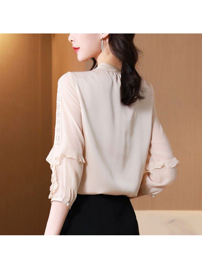 Silk shirt women's  spring and summer new lace ruffle design 
