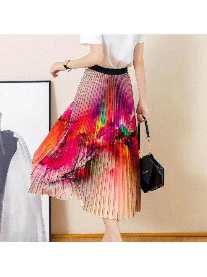 Beach Swing Skirt  summer new abstract pattern high waist drape pleated medium length skirt  Beach Swing Skirt  summer new abstract pattern high waist drape pleated medium length skirt