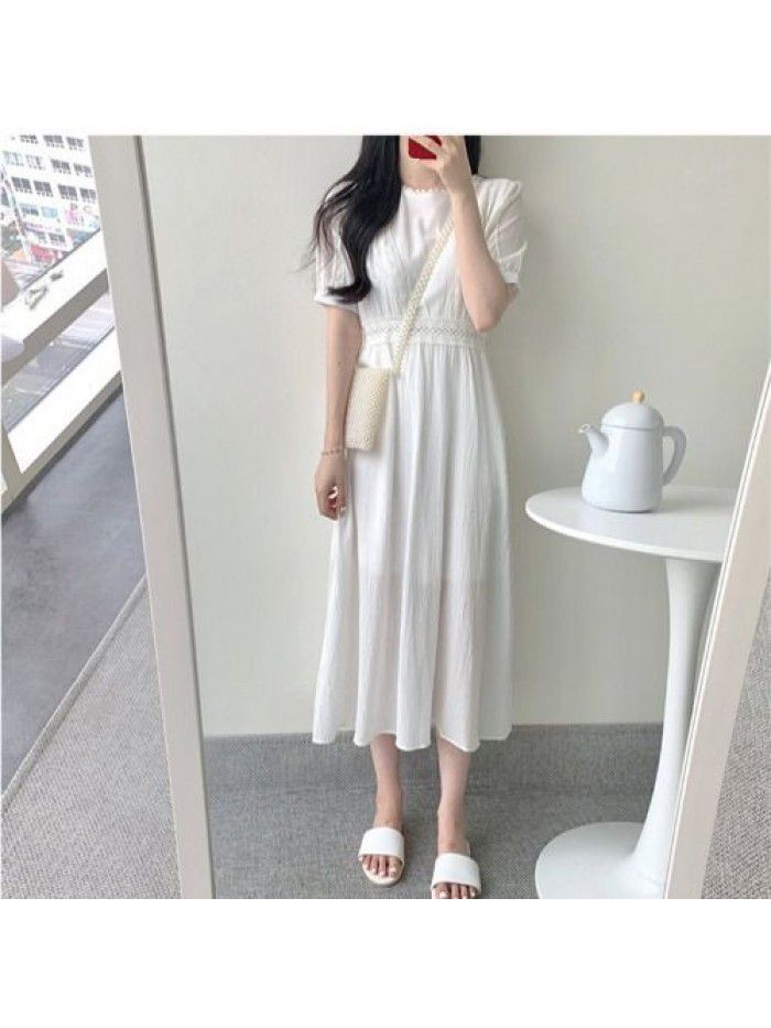 New summer retro Waist Chiffon small dress feminine medium length slim lace white dress 