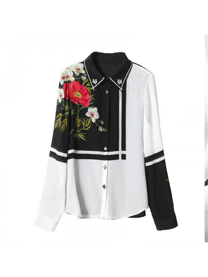 Silk shirt women's  spring and summer new foreign style mulberry silk top fashion temperament contrast shirt women's wear 