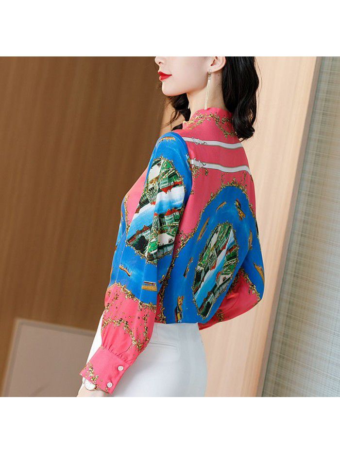 Fashion stand collar casual long sleeve wide mulberry silk top printed silk shirt women's  spring women's shirt 