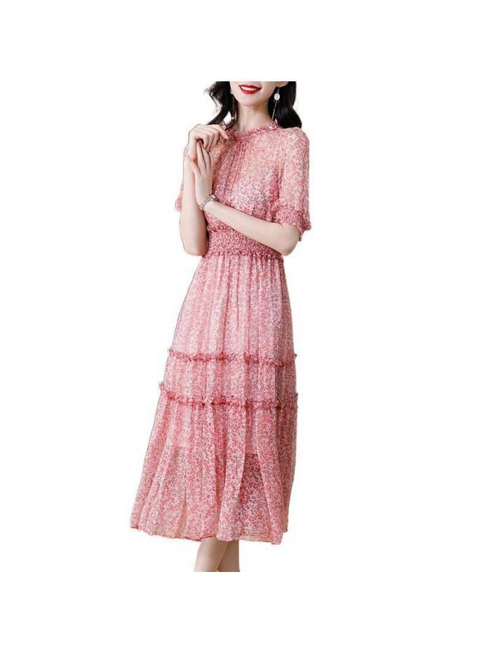 Floral silk dress for women's  summer new style slim waist silk French skirt  Floral silk dress for women's  summer new style slim waist silk French skirt