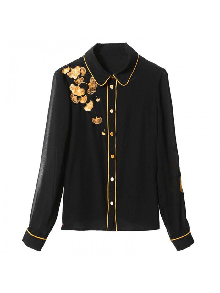 Heavy industry embroidery silk shirt women  spring and summer new bright line fashion commuter shirt mulberry silk long sleeve top 