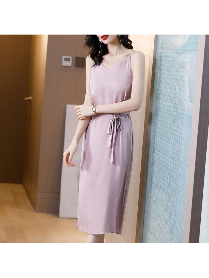 Light mature style dress summer  new style waist close show thin temperament broad lady fashion V-neck pink solid color skirt 