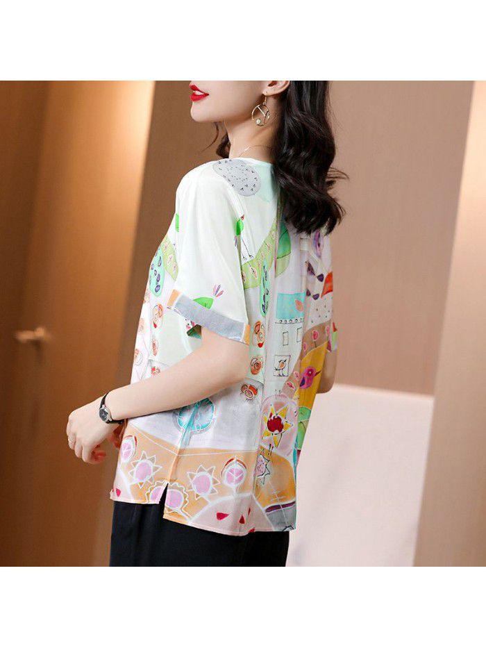 European station  summer new women's wear silk short sleeve T-shirt European silk printed thin top women's fashion 