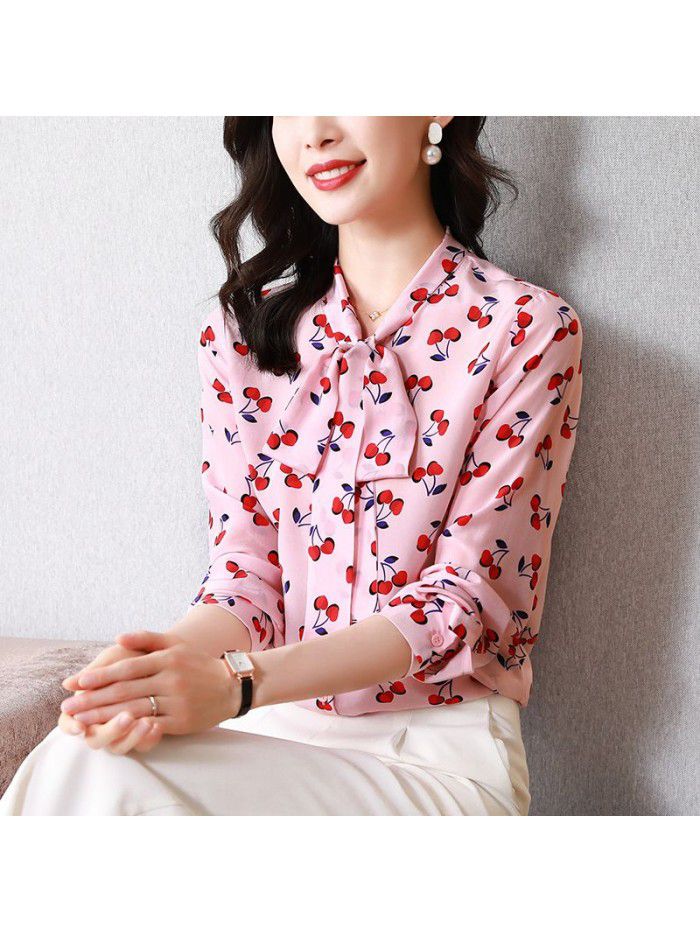 Pink silk shirt women's  spring fashion new cherry Print Long Sleeve mulberry silk top women's wear 