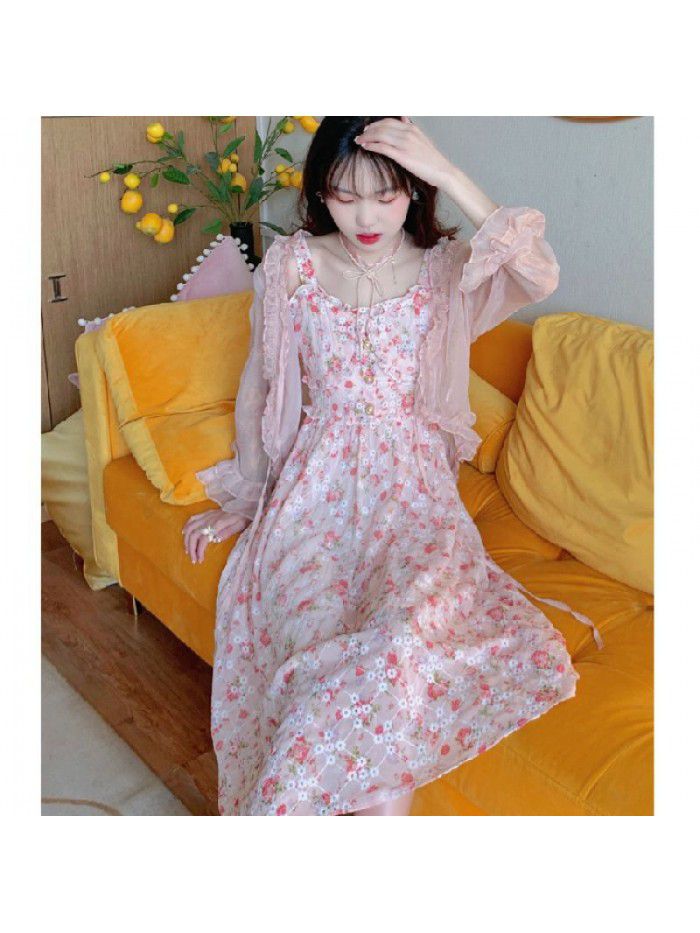 Raspberry  spring suspender skirt embroidered A-line skirt shows thin early spring French Floral Dress 