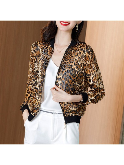 Silk long sleeve loose leopard baseball uniform wo...