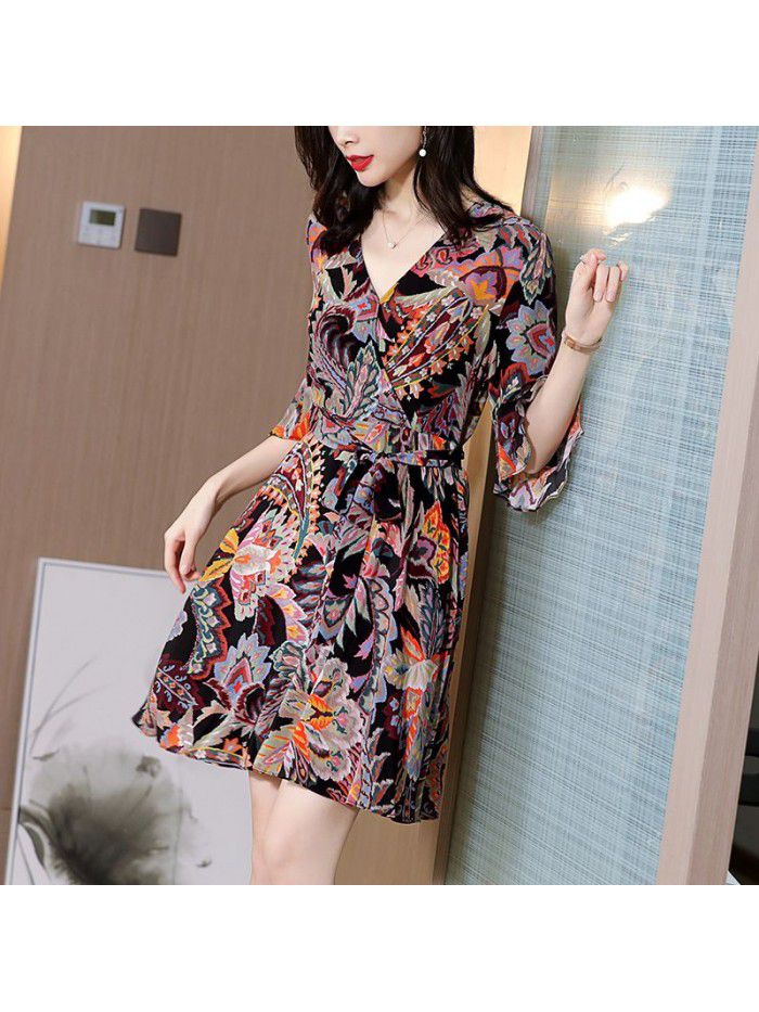Silk print dress women's  summer new elegant temperament mulberry silk medium length waist A-line skirt 