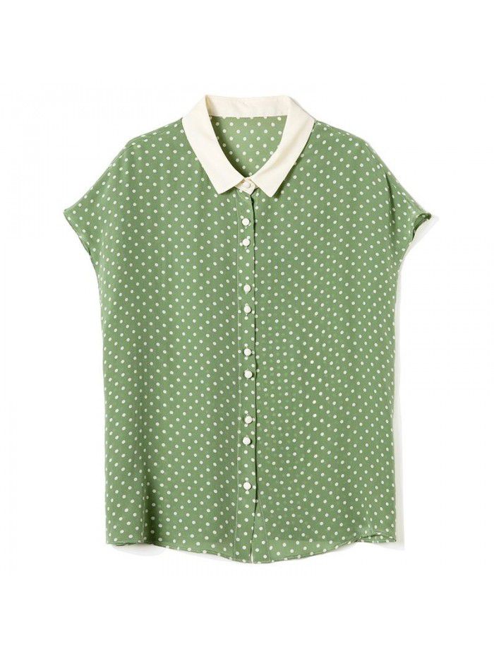 Silk polka dot print top French Shirt Short Sleeve  summer new style color contrast mulberry silk shirt 