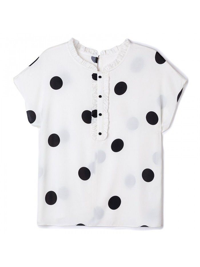 Silk short sleeve top female Auricularia edge wave point  summer new fashion loose white mulberry silk T-shirt 