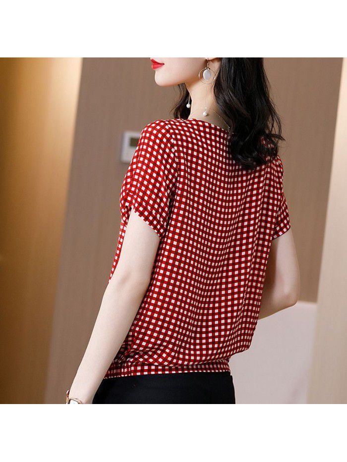 Heavy silk Plaid T-shirt women's summer  new casual silk shirt temperament slim loose top 
