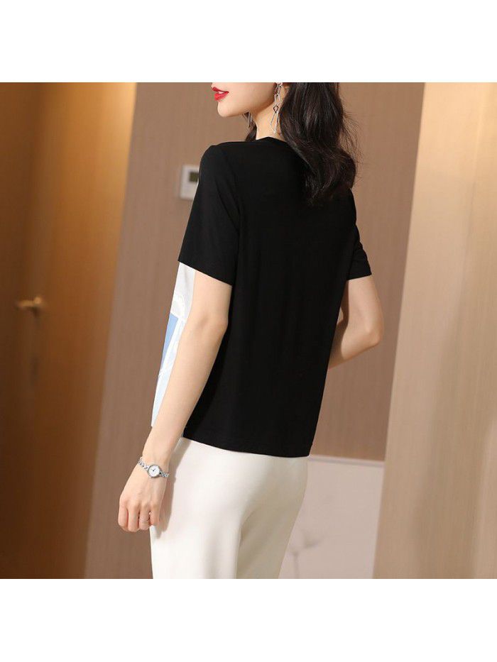 Silk silk short sleeve t-shirt female modal T-shirt  summer new printing fashion loose top 