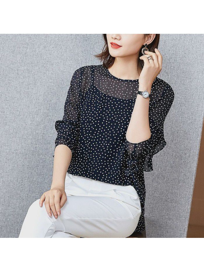 Silk shirt women's long sleeve  spring new women's clothing French temperament wave point mulberry silk shirt two piece set 