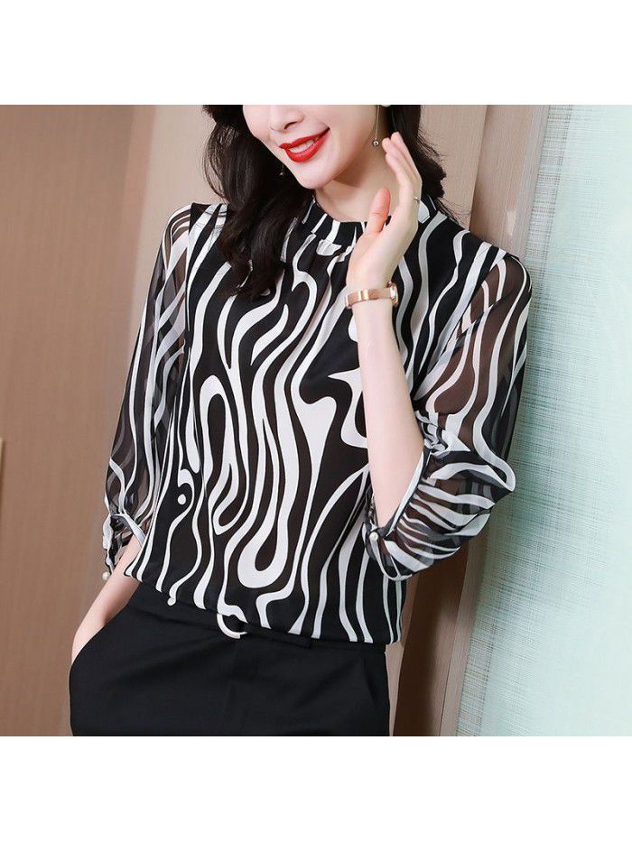 Zebra pattern silk shirt women's  summer new stand collar versatile silk shirt loose top women's wear 