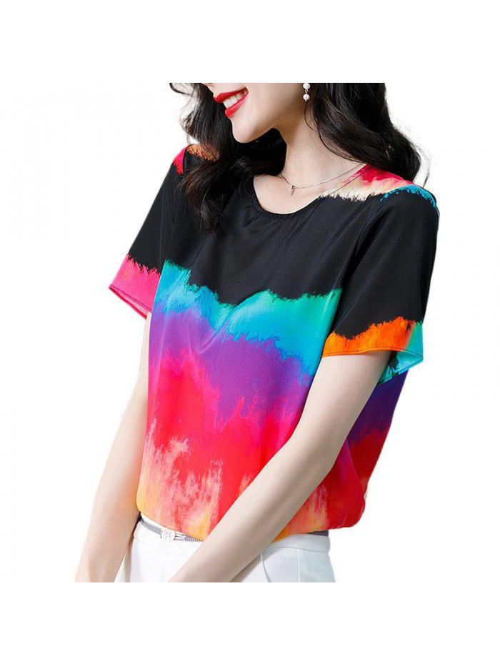 Silk graffiti T-shirt women's  summer new casual top Hong Kong Style loose short sleeve mulberry silk top 