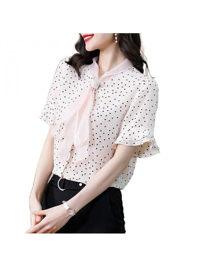 Women's design sense of silk shirt niche new wave dot short sleeve Organza collar mulberry silk top in summer  