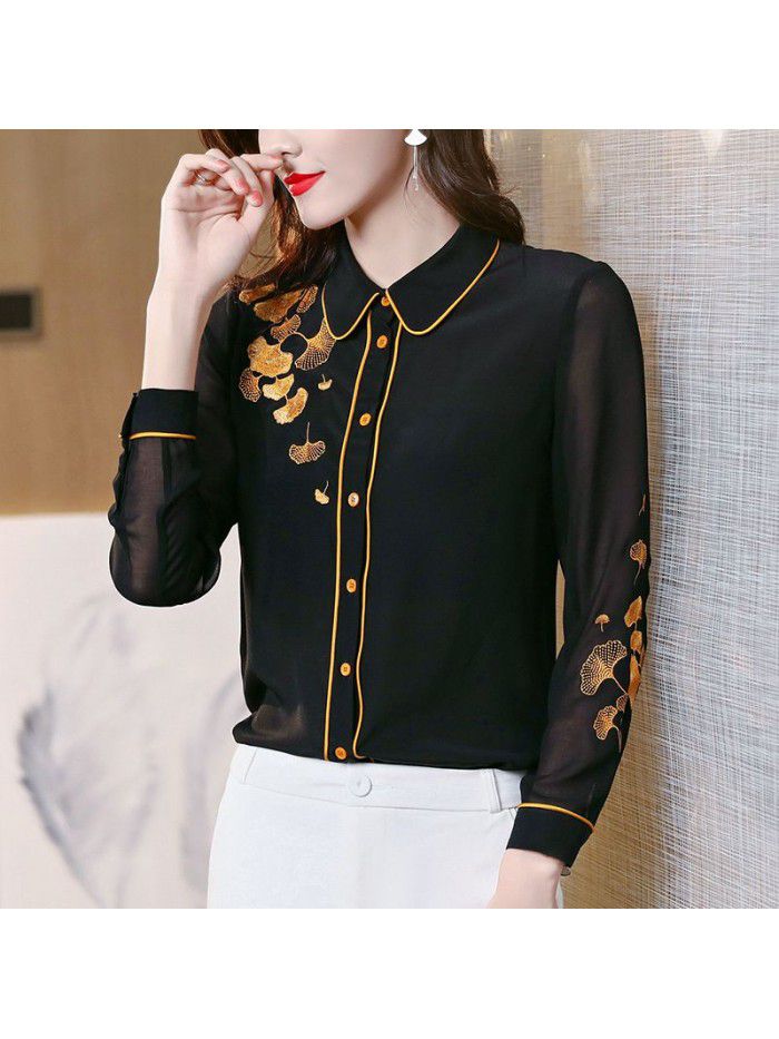 Heavy industry embroidery silk shirt women  spring and summer new bright line fashion commuter shirt mulberry silk long sleeve top 
