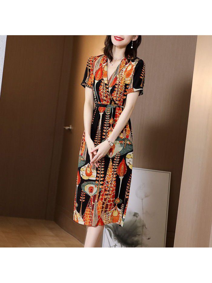 Silk dress medium length  early spring new summer dress V-neck waist slim print large long skirt 