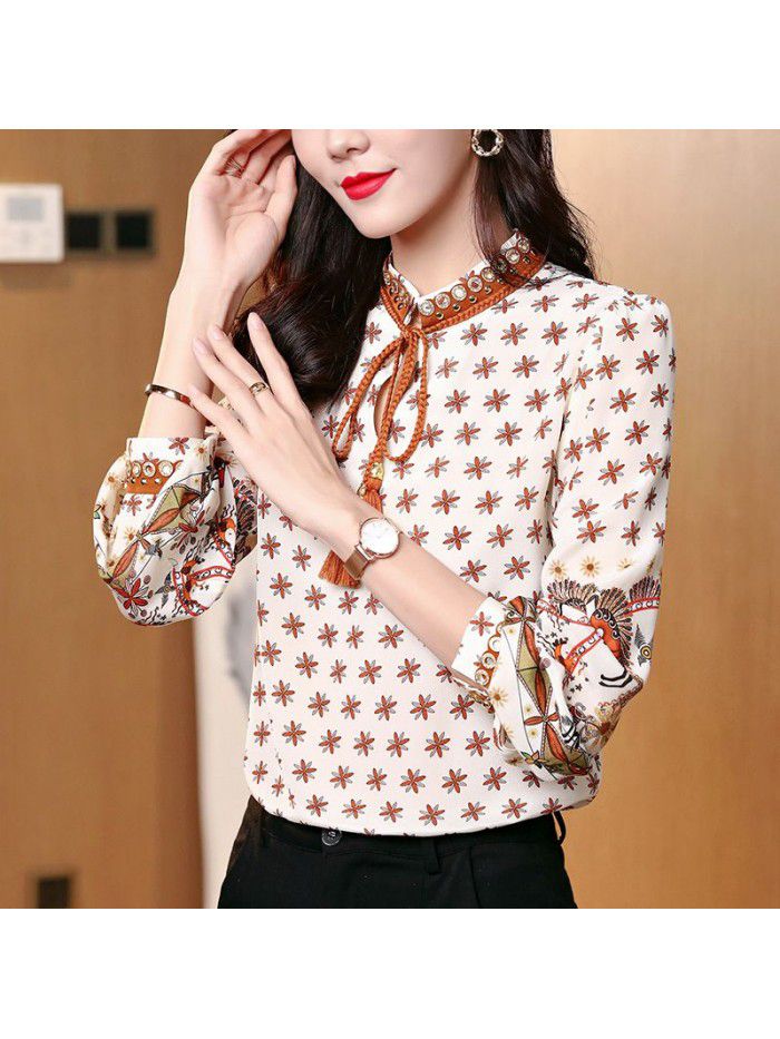 Silk shirt women's spring and summer  new printing small stand collar palace style mulberry silk top design 