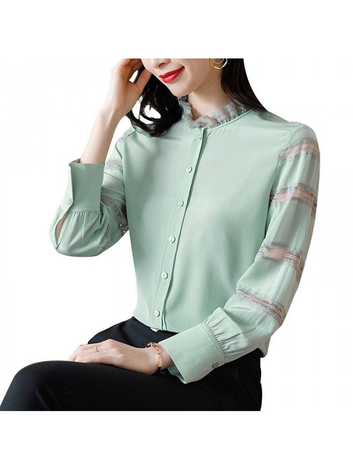 spring new style foreign style top minority lace split sleeve stand collar splicing silk shirt female mulberry silk shirt 