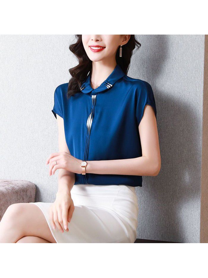 Heavyweight silk shirt women's  summer new fashion doll collar xiaozhongkuan pine mulberry silk design top 