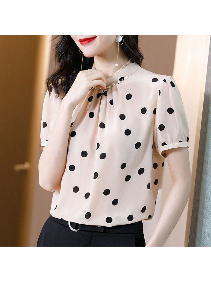 Polka dot printed silk shirt women's short sleeve loose new fashion foreign style stand collar Pullover mulberry silk top spring and summer 