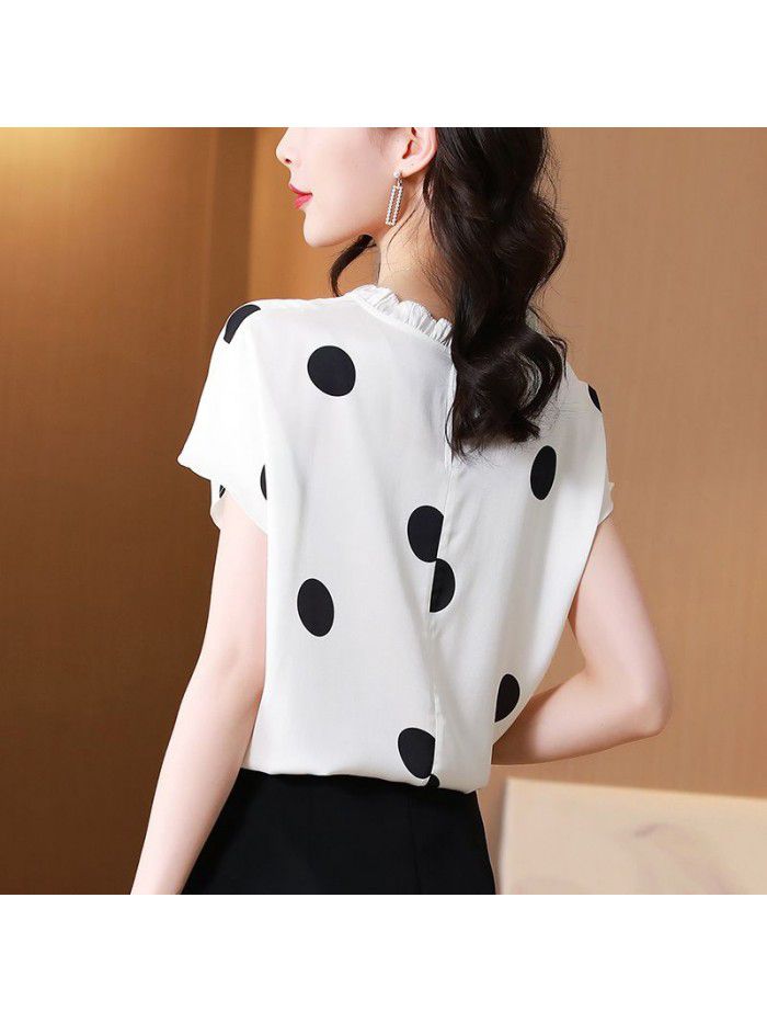 Silk short sleeve top female Auricularia edge wave point  summer new fashion loose white mulberry silk T-shirt 