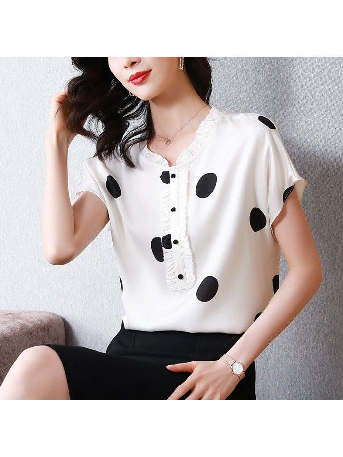 Silk short sleeve top female Auricularia edge wave point  summer new fashion loose white mulberry silk T-shirt 