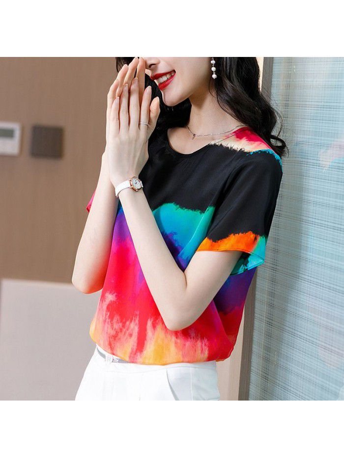 Silk graffiti T-shirt women's  summer new casual top Hong Kong Style loose short sleeve mulberry silk top 