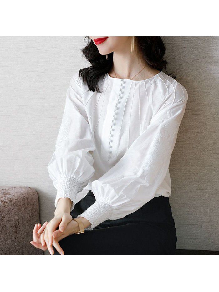 spring new shirt women's design sense minority fashion foreign style shirt temperament retro embroidery silk top 