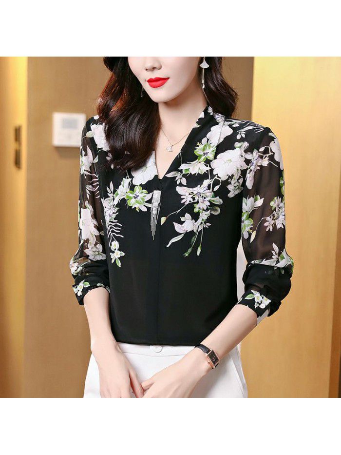 Heavyweight silk shirt long sleeve high-end temperament  new fashion V-neck mulberry silk top 