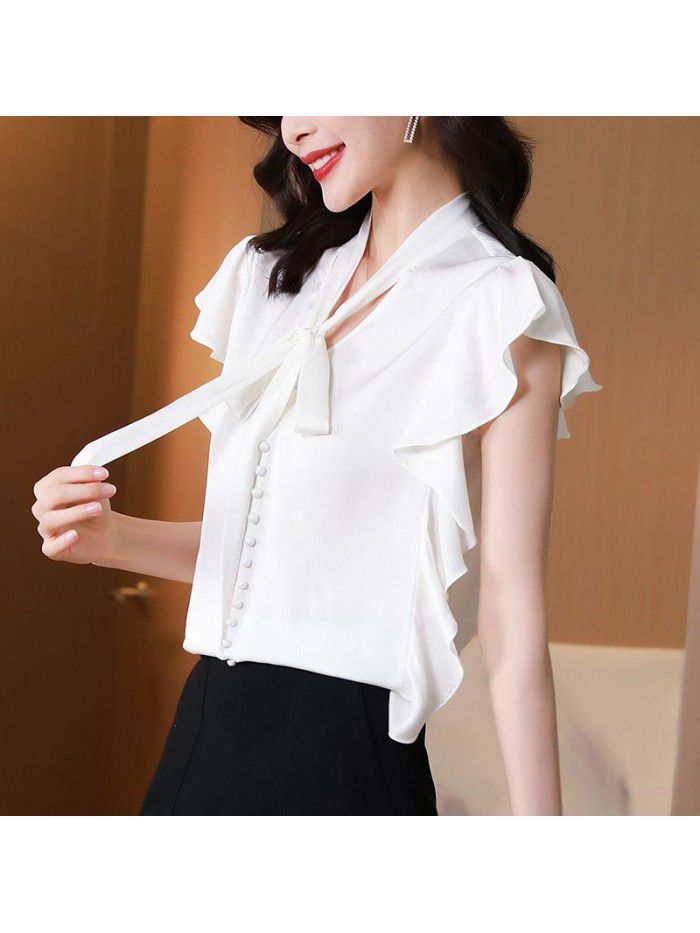 White silk shirt women's summer dress  new lady temperament loose Ruffle short sleeve mulberry silk shirt 