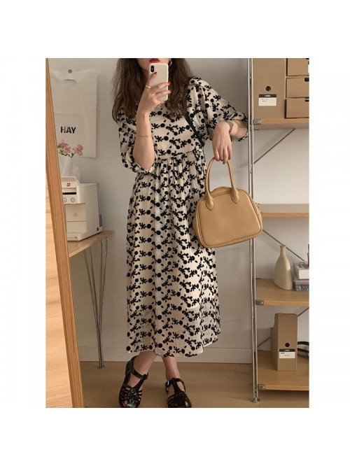Korean light French foam sleeve flocked floret dre...