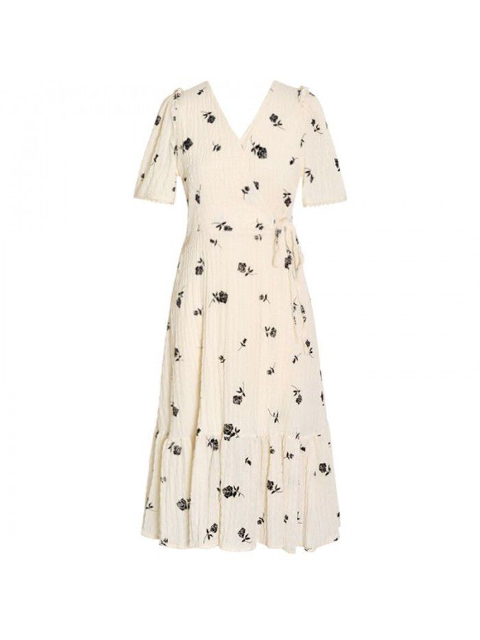 Summer  new slim temperament V-neck waist short sleeve A-line dress French floral dress summer dress 