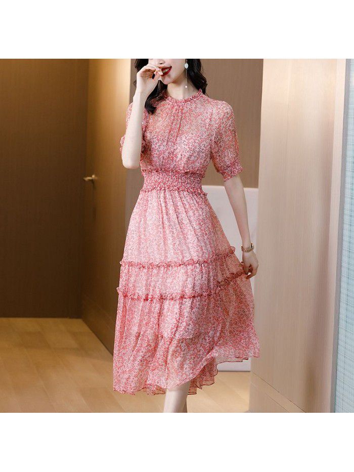Floral silk dress for women's  summer new style slim waist silk French skirt  Floral silk dress for women's  summer new style slim waist silk French skirt