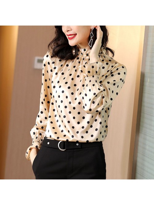 Polka dot printed satin silk shirt women's lo...