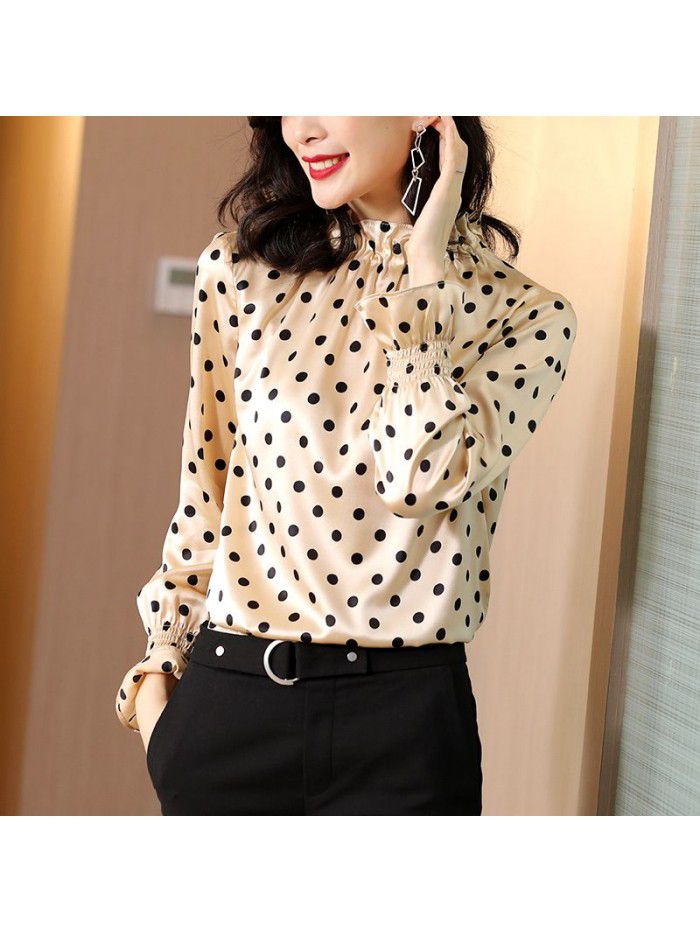 Polka dot printed satin silk shirt women's long sleeve  new spring wear lotus collar loose mulberry silk top 