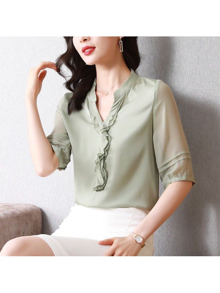 Silk shirt women's  spring and summer new V-neck design sense niche top lotus leaf mulberry silk shirt 