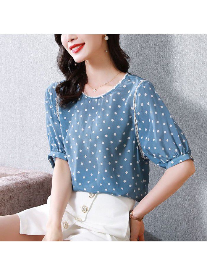 Silk short sleeve shirt  French lace retro wave point spring and summer age reduced blue mulberry silk lantern sleeve top female 
