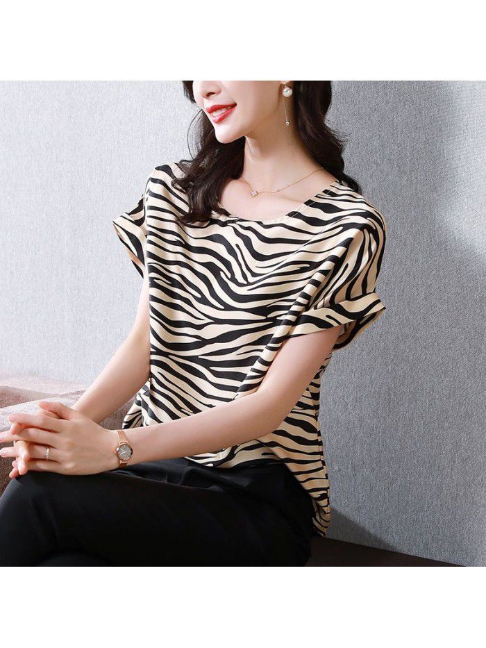Zebra pattern Short Sleeve Silk T-shirt women's new summer T-shirt loose design minority Stretch Satin shirt light ripe 