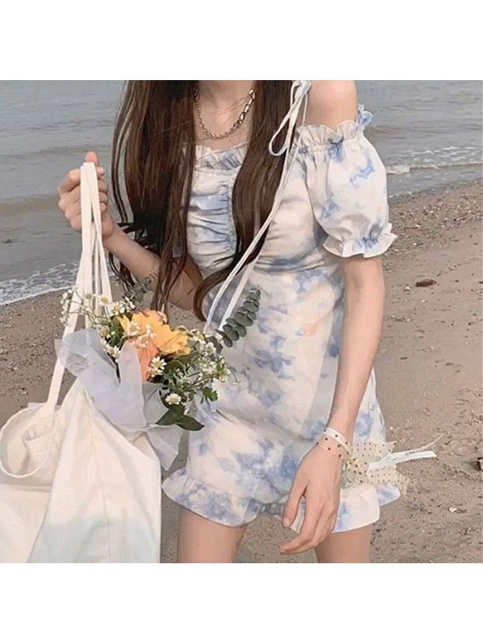 Matsumoto mourning  summer dress new women's dress pure desire holiday dress one line collar butterfly tie dyed dress 