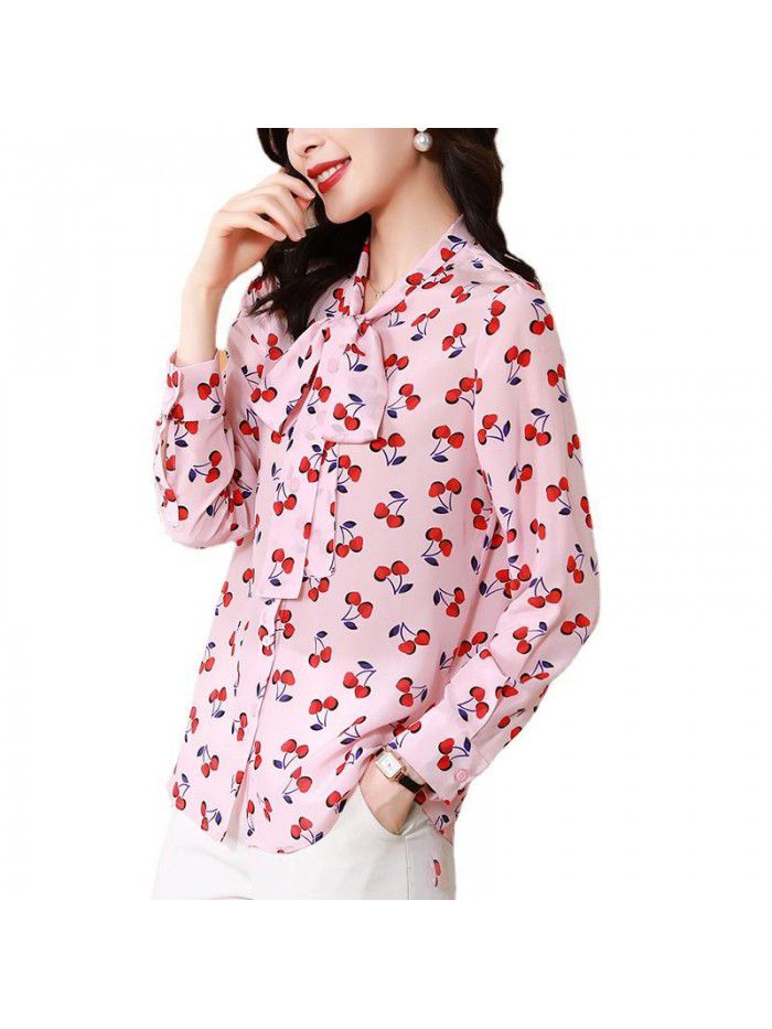 Pink silk shirt women's  spring fashion new cherry Print Long Sleeve mulberry silk top women's wear 