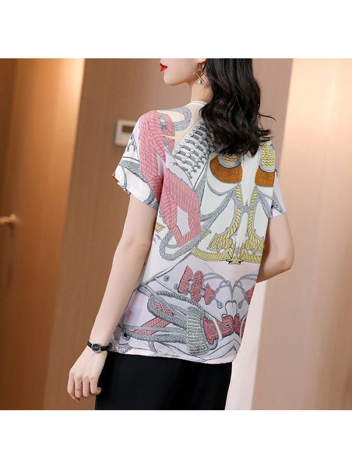 Silk shirt female  summer new short sleeve T-shirt round neck loose and thin casual silk top 