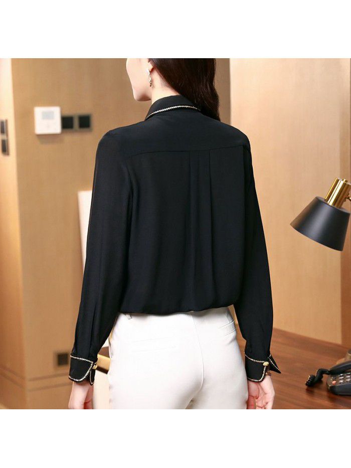Heavyweight silk shirt long sleeve  spring New Black Slim Fit foreign style drop feeling mulberry silk top 