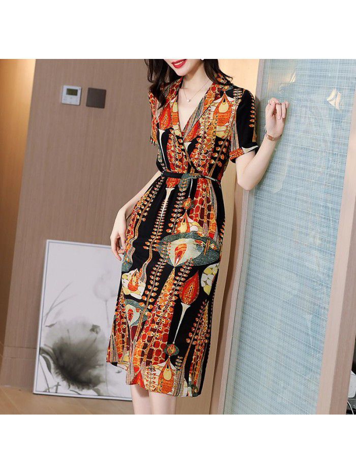 Silk dress medium length  early spring new summer dress V-neck waist slim print large long skirt 