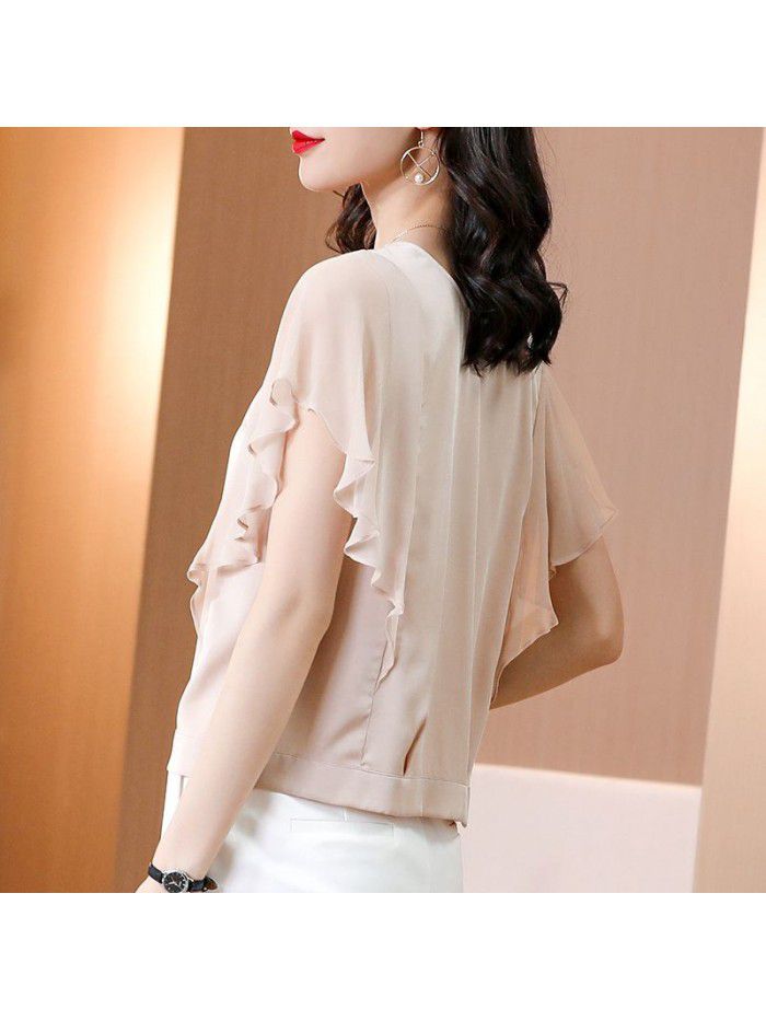 Silk blouse women's foreign style new summer dress  summer women's bat sleeve loose Fashion Top short sleeve fashion 