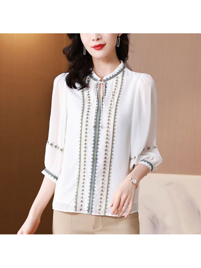 Silk shirt women's new quarter sleeve light ripe mulberry silk design top in spring  