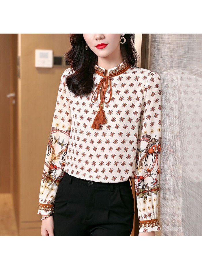 Silk shirt women's spring and summer  new printing small stand collar palace style mulberry silk top design 